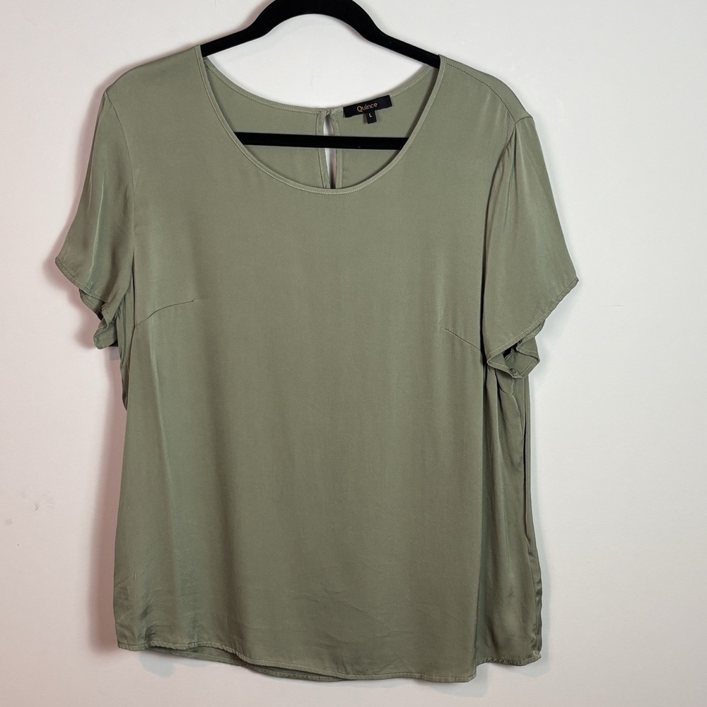 Quince Women's Green Silk Stretch Short Sleeve Blouse SZ Large Classic Workwear
